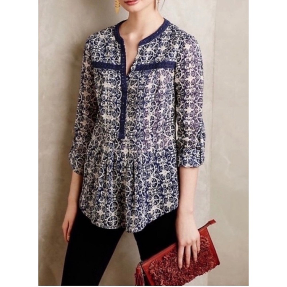 Maeve Anthropologie Womens Abella Pintuck Popover Blouse 10 Damask Crochet Blue